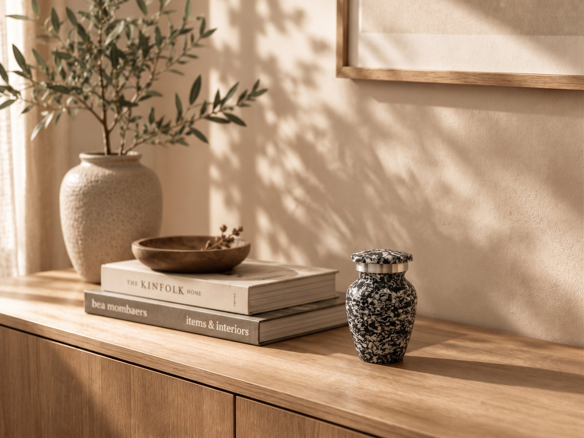 Spikkelsteen mini urn zwart wit