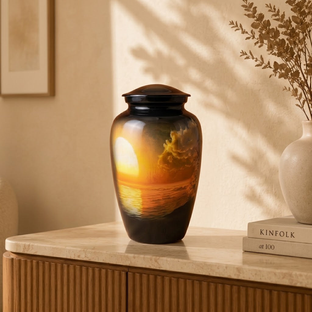 Porseleinen Urn Zonsondergang op een dressoir in een warme woonkamer